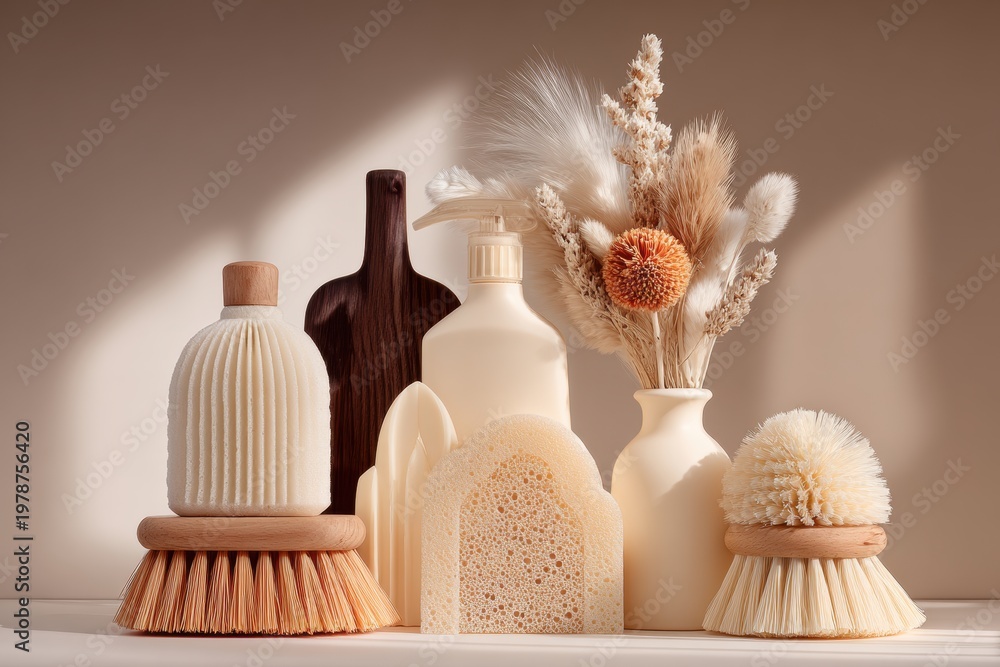Obraz premium Elegant Bathroom Essentials: Brush, Bottle & Dry Floral
