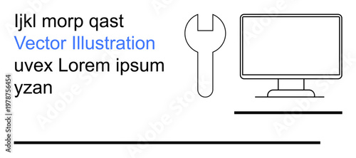 Technology tools, maintenance, technical support, hardware services, repair solutions, workstation setup. Wrench icon next to a computer monitor and text. Technology tools and maintenance concept