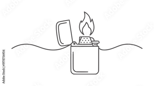 Line of a lit cigarette lighter with an open lid and flame fire ignition heat
