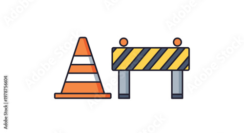 Road construction warning signs and barriers.