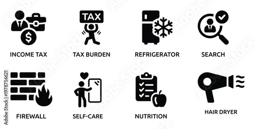 Collection of Representing Various Concepts: Tax, Home, and Personal Care