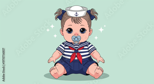 Adorable baby girl in sailor outfit with pacifier.