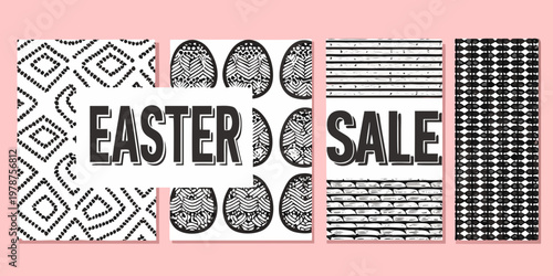 Easter sale banner with black and white patterned backgrounds