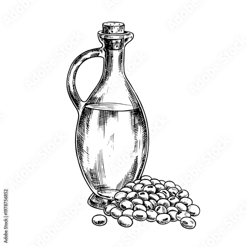 Soybean oil. Glass bottle and a handful of soybeans. Black and white vector graphics. For menus, recipes, and cookbooks. For banners, packaging, labels, and more.