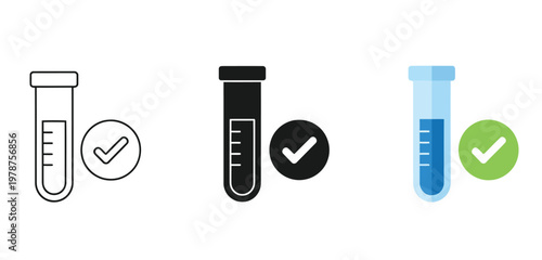 Set of test tube icons with check mark, medical laboratory testing, blood analysis concept, vector illustration
