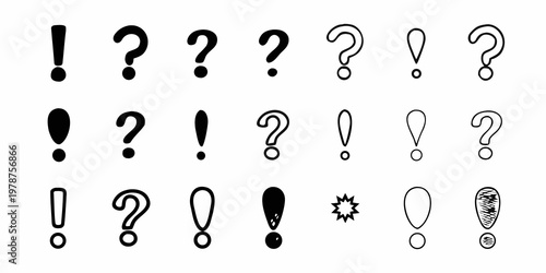Collection of hand drawn question marks and exclamation points on white