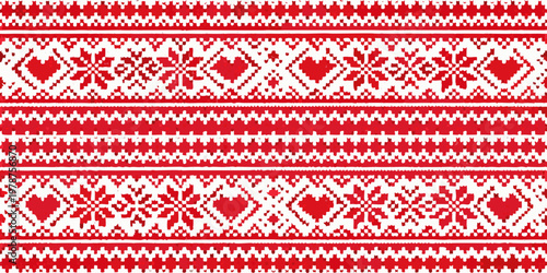 Seamless red and white nordic pattern with geometric and heart shapes