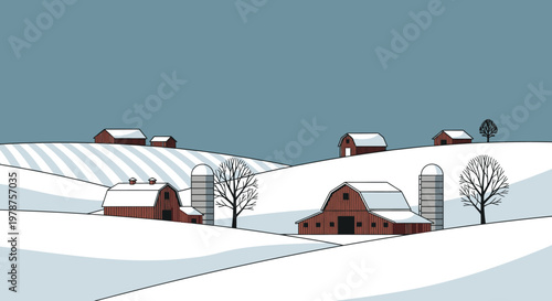 Winter farm scene red barns and snowy landscape under a blue sky