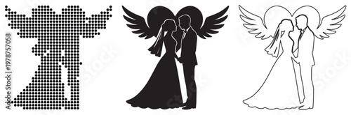 Embracing couple with angel wings and heart symbolizing eternal love