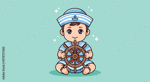Cute Baby Sailor Holding Ship Wheel Cartoon Vector Icon Illustration.