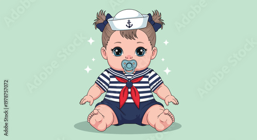 Cute Baby Sailor with Pacifier Cartoon Illustration.
