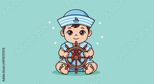 Cute Baby Sailor Holding Ship Wheel Cartoon Illustration.
