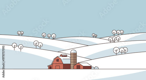 Winter farm scene with snow covered hills and barn illustration