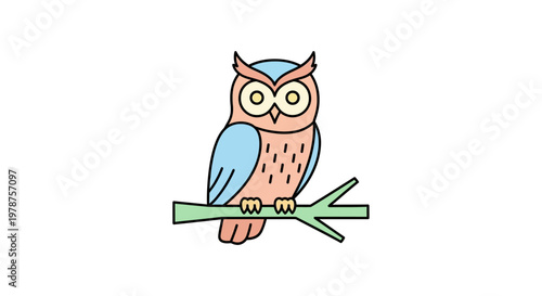 Colorful cartoon owl sitting on branch.