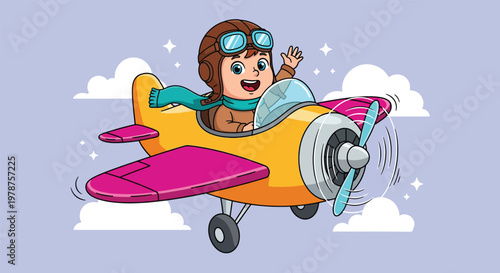 Cute Cartoon Child Pilot Flying a Yellow Airplane.