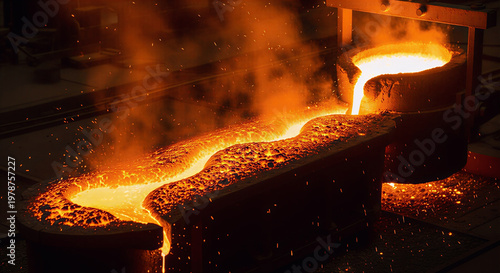Molten Metal Glowing and Pouring in Foundry