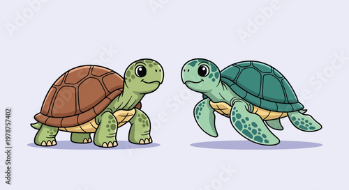 Cute Cartoon Tortoises and Sea Turtle Illustration.