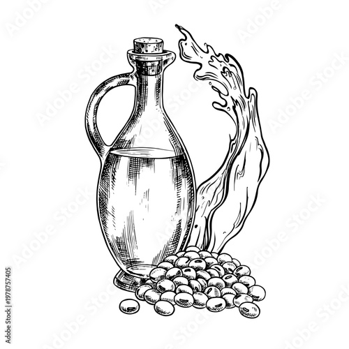 Soybean oil. A glass bottle, a handful of soybeans, and a splash of oil. Black and white vector graphics. For menus, recipes, and cookbooks. For banners, packaging, labels, and more.