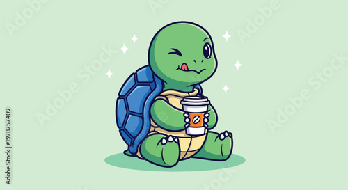 Cute cartoon turtle holding a coffee cup and winking.