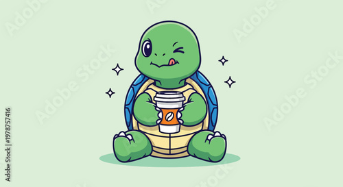 Cute cartoon turtle winking holding coffee cup.