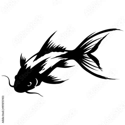 Black ink silhouette of a koi fish with flowing fins, isolated on white
