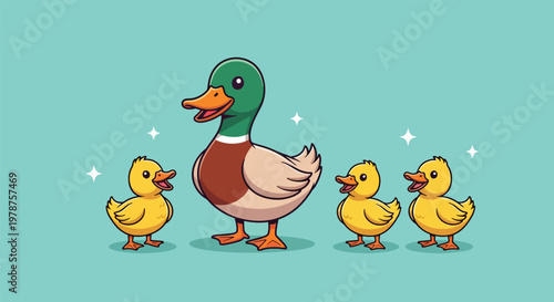 Cute Duck Family with Mother Duck and Ducklings.