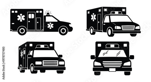 Six black and white ambulance icons in various styles and perspectives