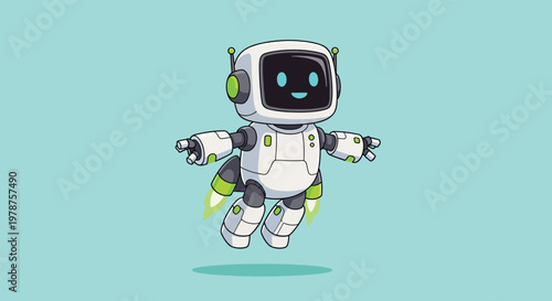 Cute flying robot character with jetpack and glowing lights.