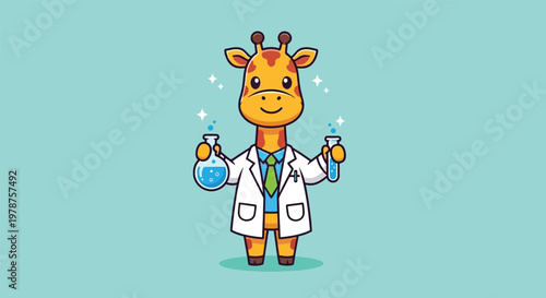 Cute Giraffe Scientist Character Holding Beakers with Bubbles.