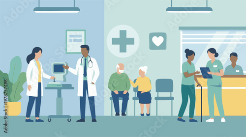 Healthcare professionals and patients in a modern clinic or hospital
