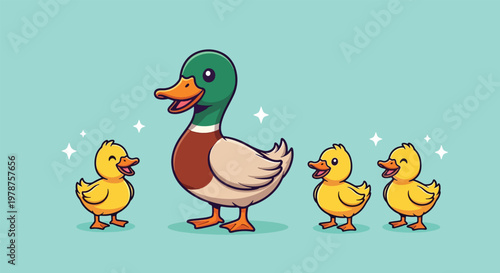 Cute Mother Duck and Adorable Ducklings Cartoon Illustration.