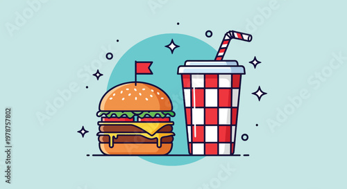 Delicious Fast Food Combo Burger and Soda Drink Illustration.