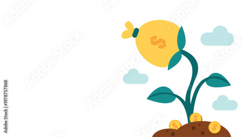 Money bag growing on a plant with gold coins in soil, concept of financial growth, investment, and wealth accumulation.
