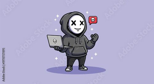 Hacker Character with Laptop and Skull Icon.