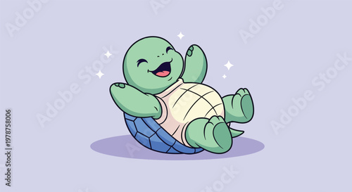 Happy baby turtle lying on its back with a joyful expression.