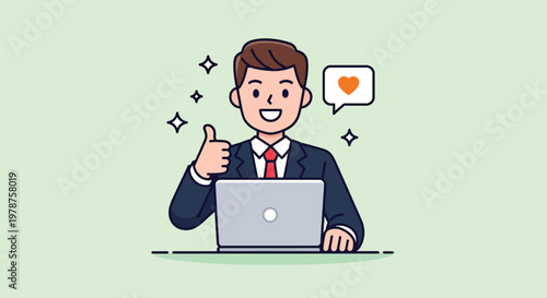 Happy Businessman Giving Thumbs Up with Laptop.