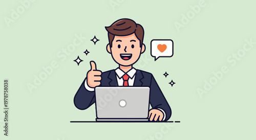 Happy Businessman Working on Laptop Giving Thumbs Up.