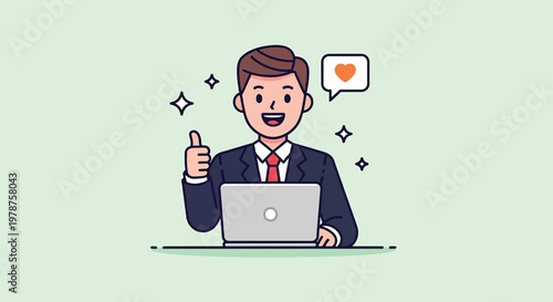 Happy Businessman Working on Laptop Giving Thumbs Up Vector Illustration.