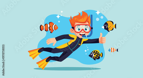 Happy Young Boy Snorkeling Underwater with Colorful Fish.