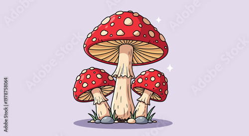 Illustration of Three Red and White Spotted Mushrooms.
