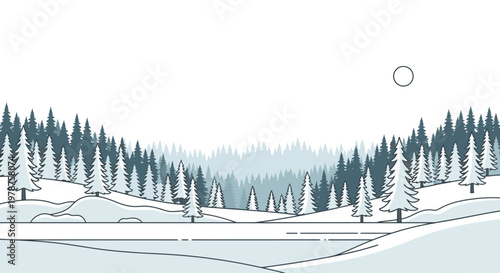 Winter forest landscape illustration serene scene with snowy trees and hills