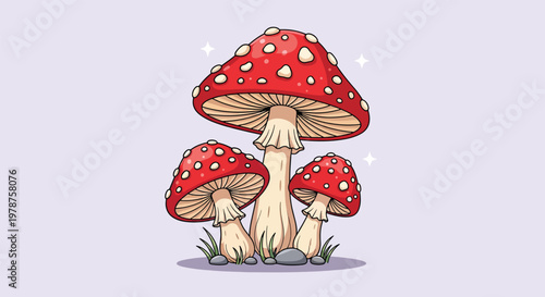 Illustration of three red and white spotted mushrooms in a forest setting.