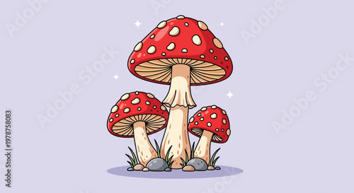 Illustration of three red mushrooms with white spots on a light purple background.