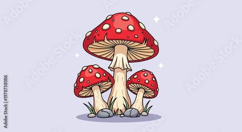 Illustration of three red mushrooms with white spots.