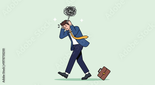 Stressed Businessman Walking with Briefcase and Tangled Thoughts.