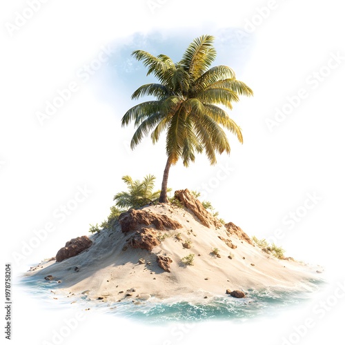 A serene tropical island with a single palm tree standing tall on a sandy beach surrounded by crystal clear waters