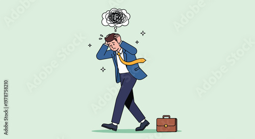 Stressed Businessman Walking with Overwhelmed Thoughts.