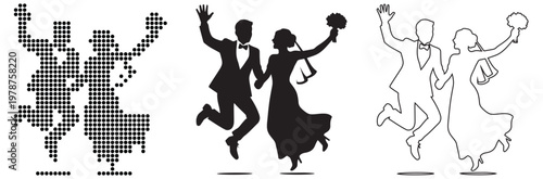 Joyful couple in wedding attire celebrating with a celebratory jump