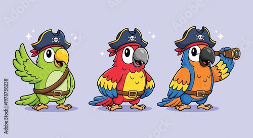 Three cartoon parrots dressed as pirates with hats and eye patches.