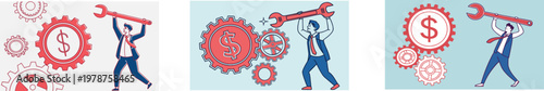 Businessman repairing financial system with wrench and gears, concept of money management and economic optimization.